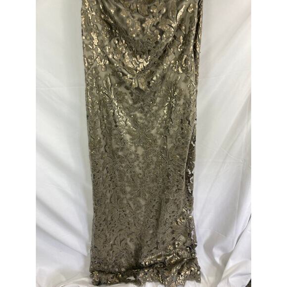 Tadashi Shoji Pailette Embroidered Lace Off Shoulder Gown - Picture 4 of 10